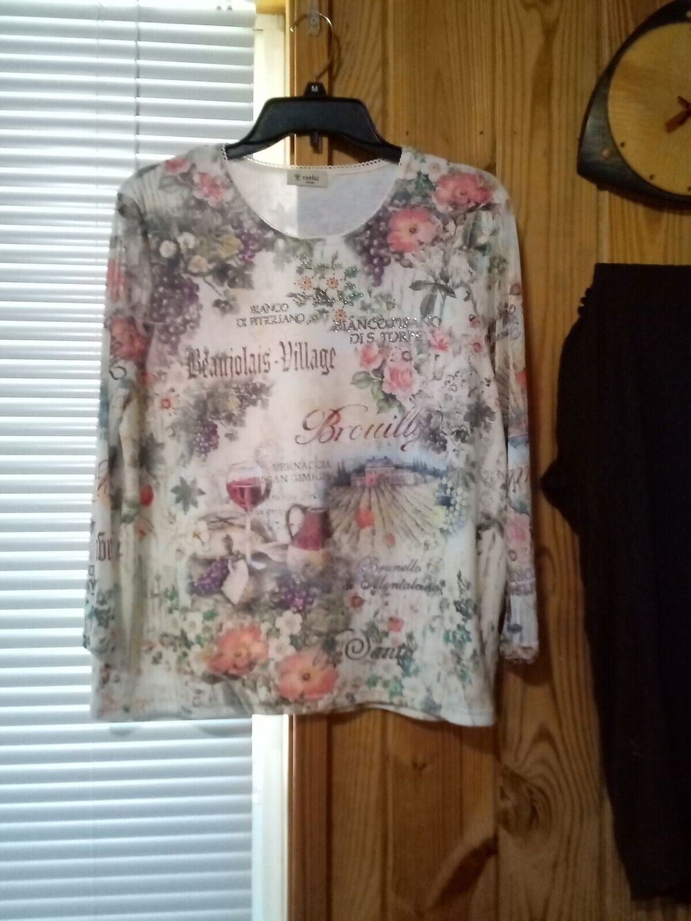 Cactus Top Women's L Floral Beaujolais Village Brouilly 3/4 Sheer Sleeve Top